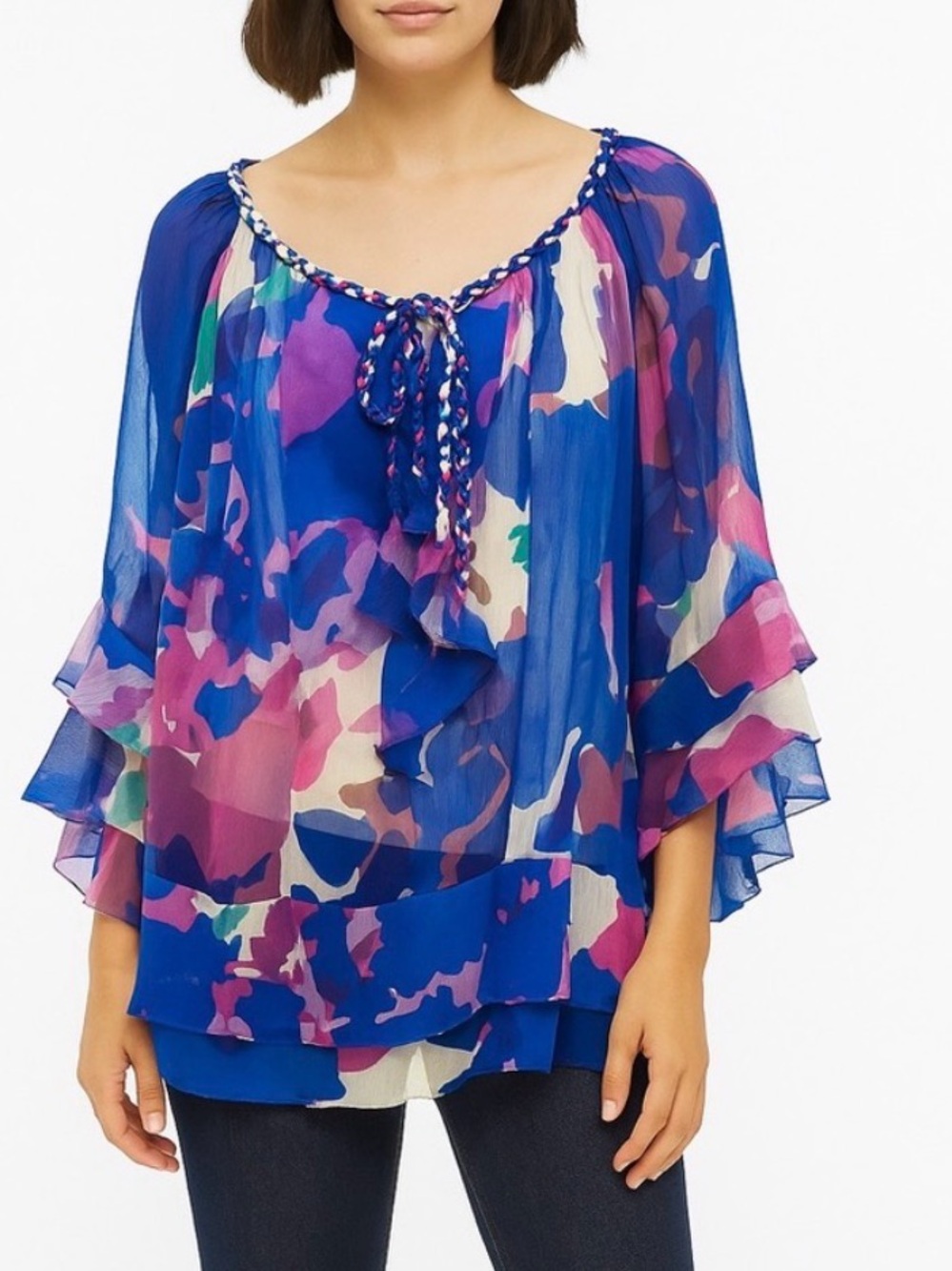 Diane von Furstenberg 100% Silk Floral Print Ruffle Top Designer Luxury Size 6